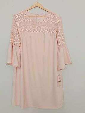 Nannette Blush Pink Crochet Yoke Bell Sleeve Dress